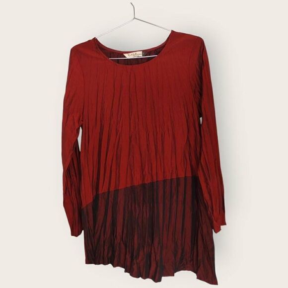 Chalet et Cece Womens Top Sz Small Pleated Asymmetrical Burgundy Rust Tunic Boho - Picture 8 of 9